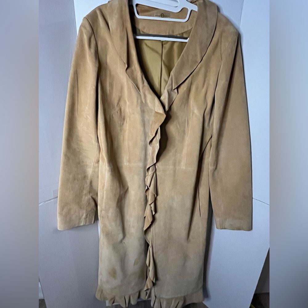 Wilsons VT Y2K Ruffle Leather Suede Tan Trench Coat Duster Western Cowgirl Large